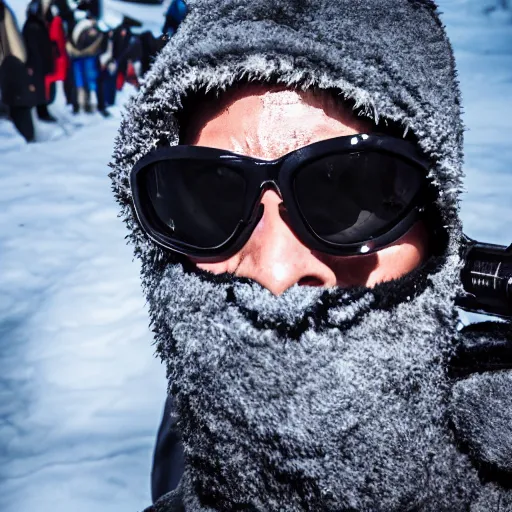 man wearing arctic clothing, hood, ski goggles, gas