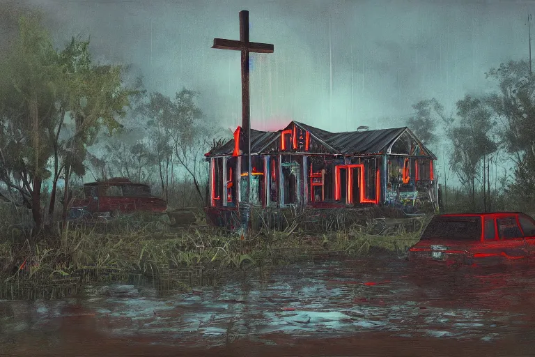 Image similar to scene fromlouisiana swamps, old protestant church with neon cross, junkyard by the road, boy scout troop, voodoo artwork by tim eitel