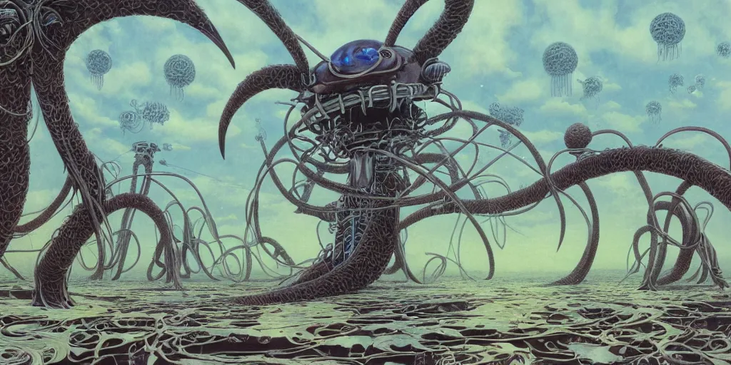 Prompt: concept art of the flying spaghetti monster with eyes on antennae flying in the outer space by roger dean, by masamune shirow, by wayne barlowe, futuristic, portrait, 4 k, wide eyes, hyper detailed, hyperrealism, muted colors,