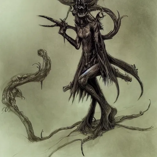 Image similar to concept art of a ancient magus, fae, skulled creature with black fur, elegant, tendrils, forest, heavy fog, fantasy, wayne barlowe