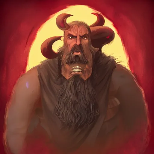 Image similar to dnd render of a man, red, a big black beard, completely golden eyes, 1 curved horn growing out of his forehead, one broken horn groing out of his forehead,