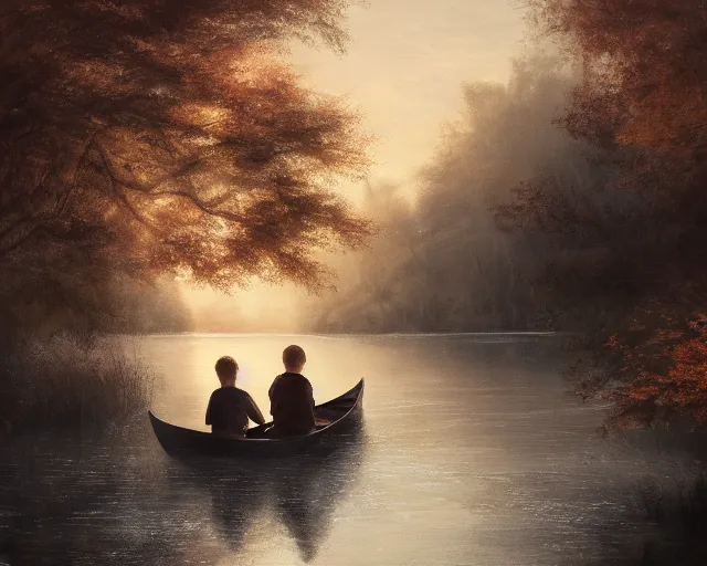 Image similar to a boy and a girl with long flowing auburn hair sitting together on the rowboat. Boy has black short hair, boy has black short hair. Atmospheric lighting, long shot, romantic, boy and girl are the focus, trees, river. Oil Painting, Trending on Artstation, octane render, Insanely Detailed, 8k, HD