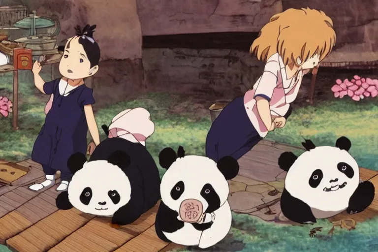 Prompt: studio ghibli anime film ham panda, about a girl and her best panda friend working at a deli, miyazaki movie