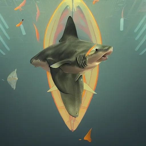 Image similar to great white shark, traffic cones as fins, underwater background detailed atmospheric - ron cheng & alphonse mucha, highly detailed, digital painting, ray tracing, concept art, illustration, smooth sharp focus, intricate, symmetry, artstation,