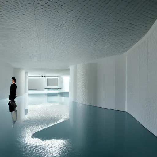 Prompt: a large room with minimalist architecture, partially flooded by blue green water, liminal space, made of all white ceramic tiles, surreal, curving hallways, rounded ceiling, stairs,