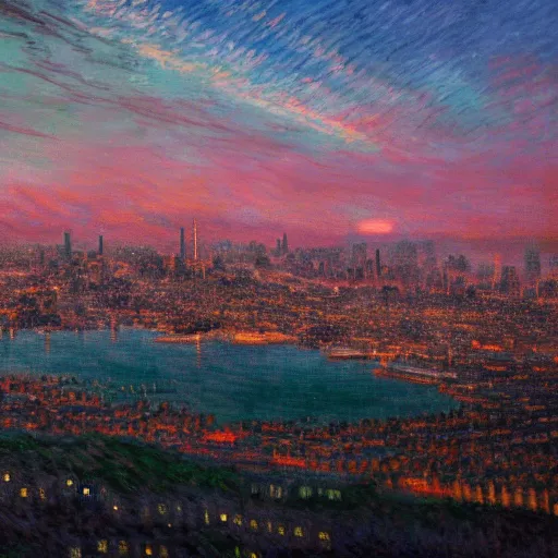 Prompt: a fantastical painting of dusk over san francisco bay area,, epic light scene, spectacular, finely detailed, whimsical, contemporary, mixed - media, award winning, 8 k, trending on artstation, volumetric lighting, octane render uhd artwork by picasso and by monet and by de vinci