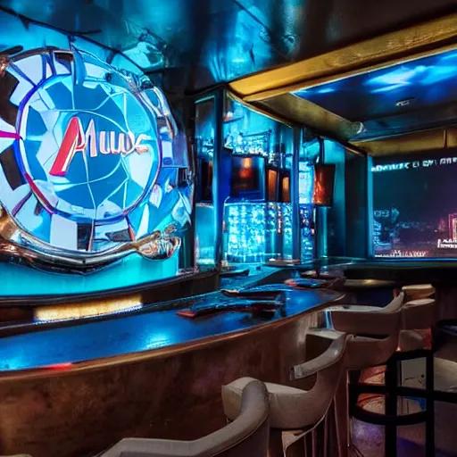 Image similar to a 3 d rendered movie still, 4 k, wide - angle medium - shot. on top of a bar, a blue hawaiian martini martini next to a small origami bird. a dart board on a wall in the background. it's happy hour, high - energy. imax, 7 0 mm dramatic lighting, digital art, photorealistic, ultra detail blade runner