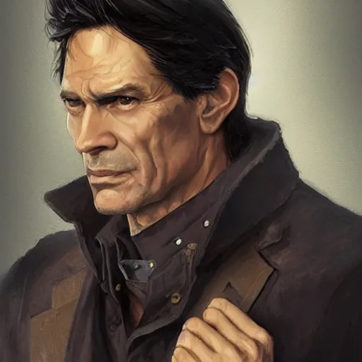 Image similar to portrait of a grizzled treasure hunter man in his 5 0 s with dark hair and sharp cheekbones, dressed in expensive clothes, detailed face, smooth, sharp focus, graphic novel, art by artgerm and greg rutkowski and pepe larraz,