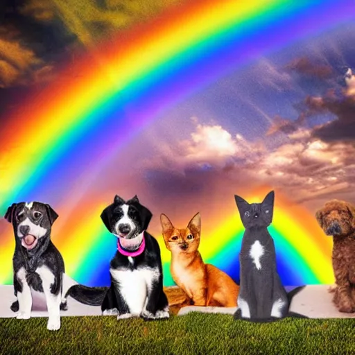 Image similar to a group of pet dogs and cats waiting patiently at the entrance to a glorious and heavenly rainbow bridge with tall heavenly golden gates at the entrance, real photo, detailed