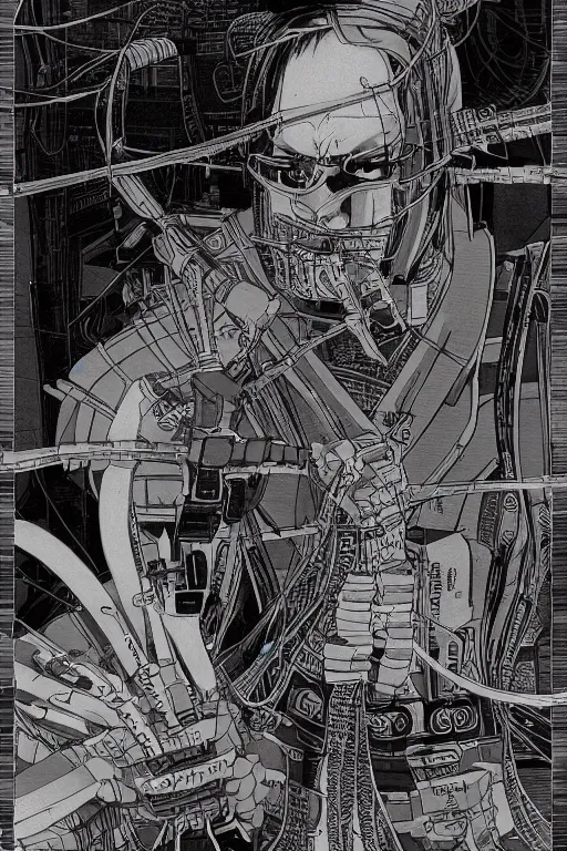 Prompt: beautiful hyperdetailed cyberpunk anime illustration of a male samurai lying in the lab with wires and cables coming out of his head and back, by moebius, masamune shirow and katsuhiro otomo