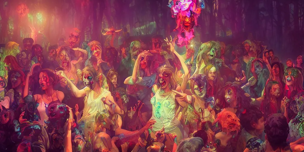 Image similar to a zombie disco party, vivid colors, extremely detailed digital painting, mystical colors, rim light, beautiful lighting, 8 k, stunning scene, raytracing, octane, trending on artstation, art by artgerm and greg rutkowski and alphonse mucha and loish and wlop