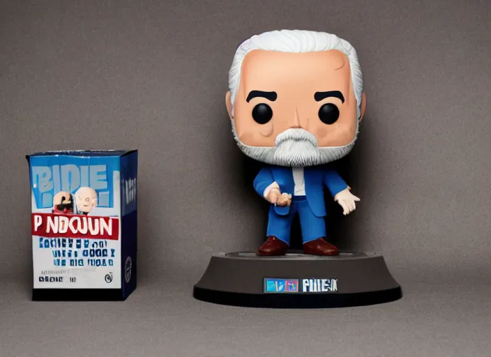 Prompt: product still of Joe Biden funko pop with box, 85mm f1.8