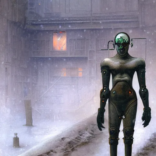 Image similar to portrait of a cyborg on the art deco streets of the undying empire city of ya - sattra during the festival of masks, snow, winter, award - winning realistic sci - fi concept art by beksinski, bruegel, greg rutkowski, alphonse mucha, and yoshitaka amano