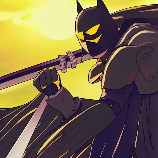 Prompt: Anime batman with a sword looking at sunset, Anime style, concept art, 8k