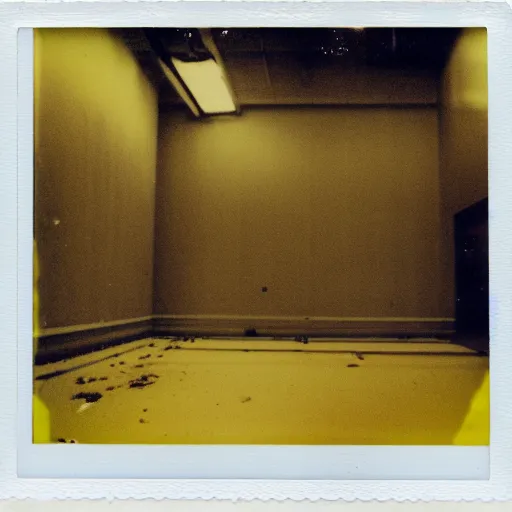 Image similar to A polaroid photograph of empty endless rooms, yellow patterned wallpaper on the walls, moist dirty carpet, unnatural fluorescent warm lights lighting the scene