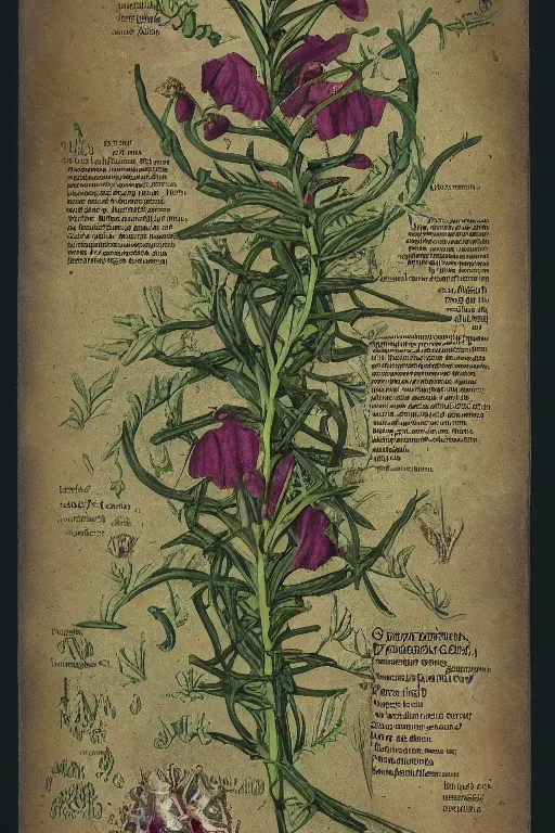 Image similar to scan of the flower petals of an old cursed herbarium by tim white, infographic, textbook, marginalia, cursed, alien, plant specimens, hortorium, scientific study