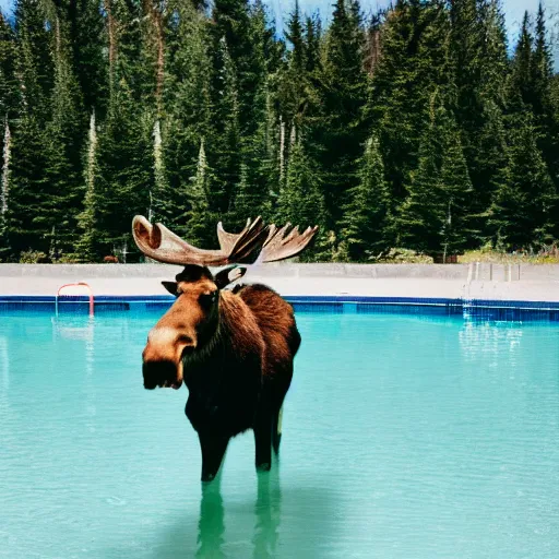 Image similar to photo of a moose at a swimming pool, people, 50mm, beautiful photo