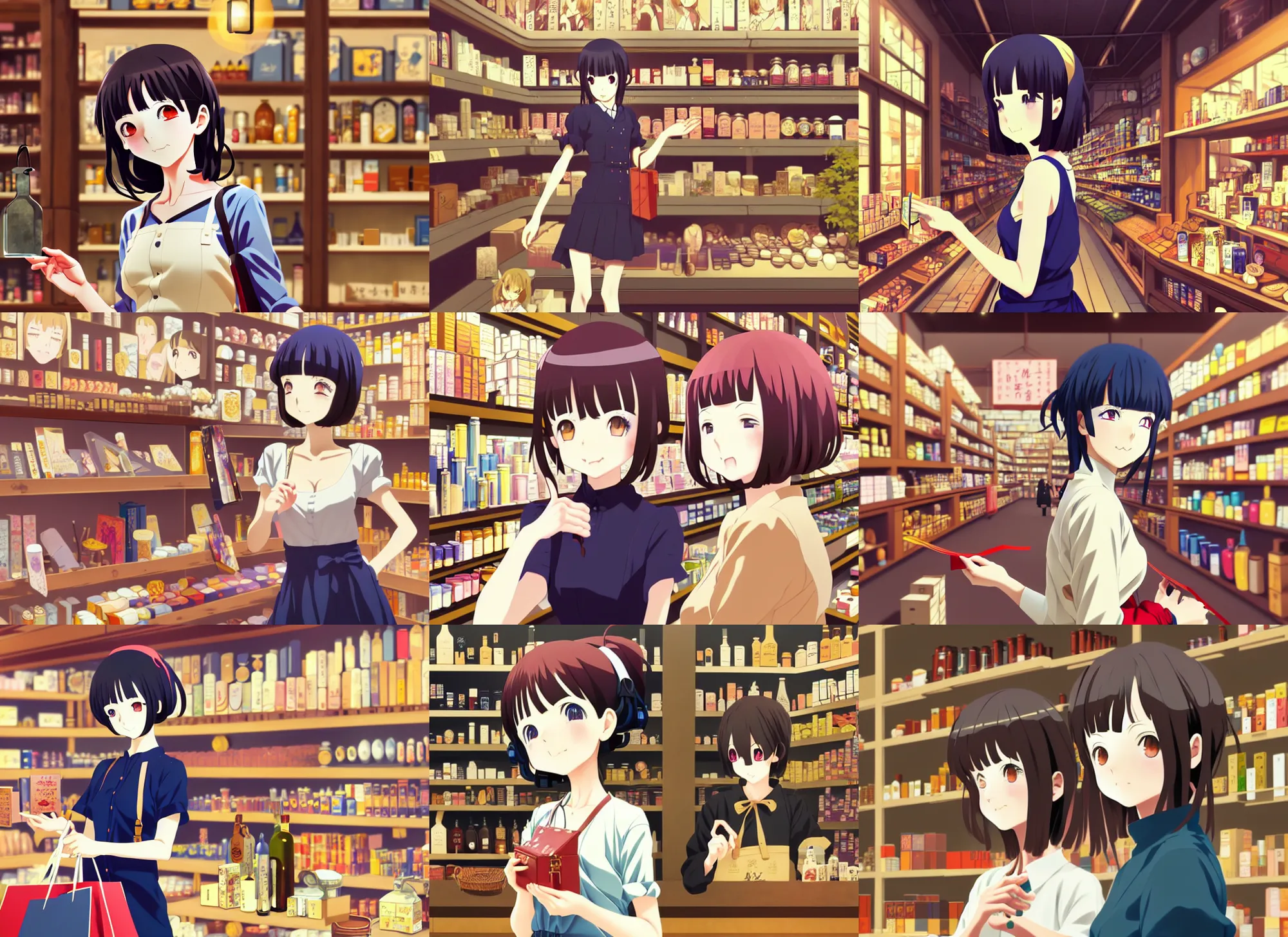 Prompt: anime visual, portrait of a happy young female traveler shopping in a alchemist's shop interior, dramatic, cute face by ilya kuvshinov, yoh yoshinari, makoto shinkai, katsura masakazu, dynamic pose, dynamic perspective, flat cel shaded, mucha, crisp smooth lines, rounded eyes