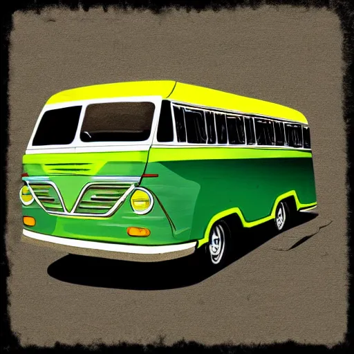 Image similar to retro painting illustration of a volswagen van, 2 d, pastel color, green, yellow, green, retro style art, trendy on artstation