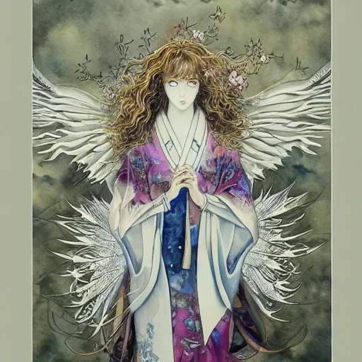 Image similar to highly detailed japanese watercolor painting of an angel in flight, intricate, elegant, digital painting, artstation, ayami kojima