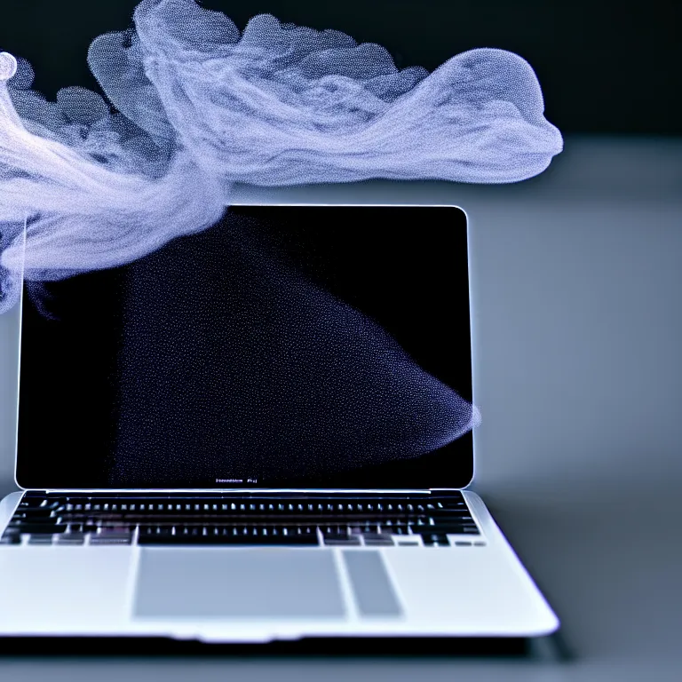 Image similar to a photo portrait of a macbook disintegrating in smoke particles, cinematic photography, smoke rising like clouds, photorealism, canon 5 d, 5 0 mm lens, super resolution, cgi, volumetric lighting & shadows, hyper detailed, 8 k, unreal engine,