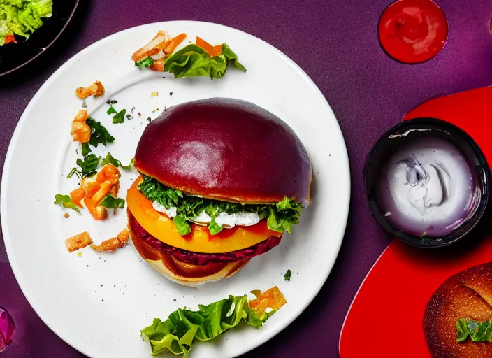 Image similar to dslr food photograph of a hamburger, thanos holding the plate 8 5 mm f 1. 8