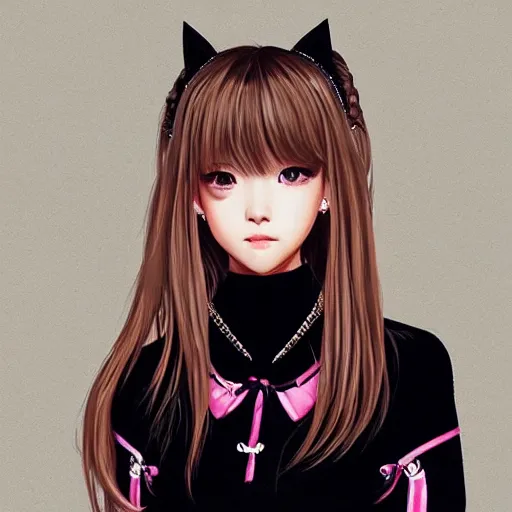 Image similar to realistic detailed semirealism beautiful gorgeous cute Blackpink Lalisa Manoban wearing school uniform, black hair black cat ears, black leather choker, proportional body, WLOP, Aztodio, Taejune Kim, sakimichan, ArtGerm, Pixiv, Instagram, Artstation