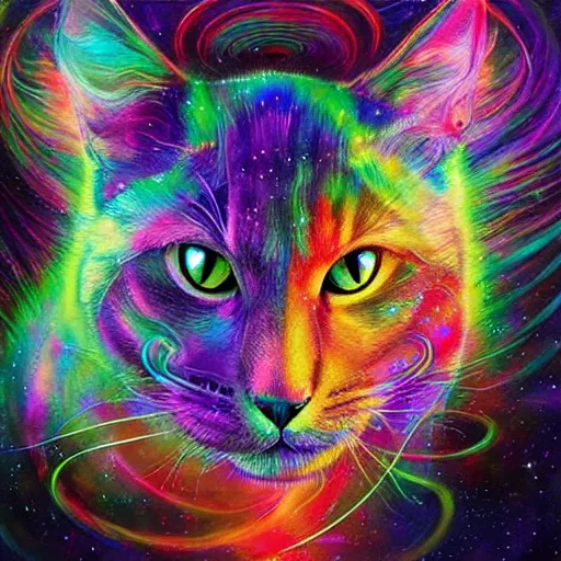 Image similar to a galaxy colored psychedelic chakra awakening kundalini ethereal portrait of a cat, eternal blessing, multiverse, by android jones, by ben ridgeway, visionary art, by artgerm, featured on artstation, cgsociety, by greg rutkowski