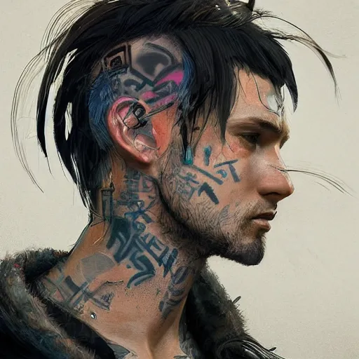 Image similar to punky beautiful boy profile picture by Greg Rutkowski, long hairs, asymmetrical, Organic Painting, geometric shapes, hard edges, graffiti, street art, trending on the artstation