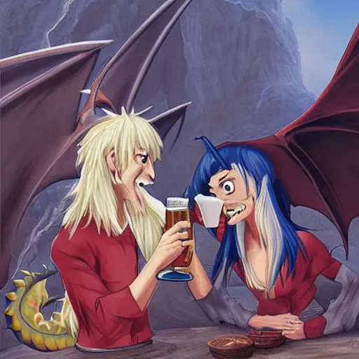 Prompt: a dward and a dragon drinking a beer, fantasy art, anime