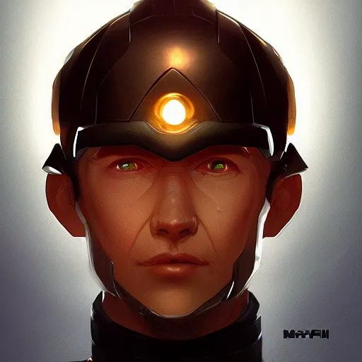 Prompt: Portrait of a futuristic general, LED helm, strong chin, lots of gallons on his jacket, mattepainting concept Blizzard pixar maya engine on stylized background splash comics global illumination lighting artstation lois van baarle, ilya kuvshinov, rossdraws