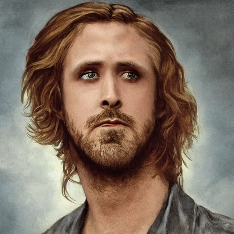 Prompt: Pre-Raphaelite portrait of actor, Ryan Gosling as the leader of a cult 1980s heavy metal band, with very long blond hair and grey eyes, high saturation