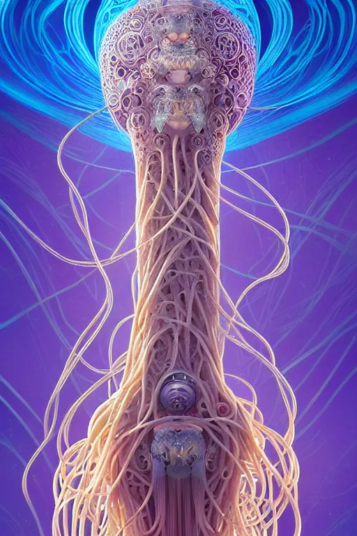 Image similar to beautiful spaghetti jellyfish warrior, ethereal art deco, fantasy, intricate art deco pasta designs, elegant, highly detailed fractals, sharp focus, art by artgerm and beeple and greg rutkowski and wlop