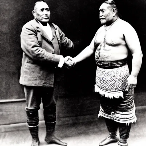 Prompt: a tattooed maori dignitary shakes hands with a 2 0 th century english caucasian industrialist, colorized 1 9 0 4 photo, kodak camera, historical event, credit the national archives of the united kingdom