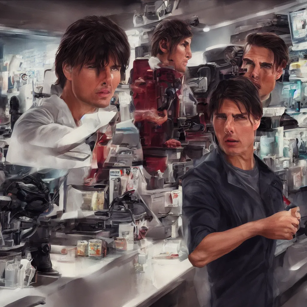 Prompt: Tom Cruise working as a 7/11 cashier, macro, dramatic, artstation, 8k, HD