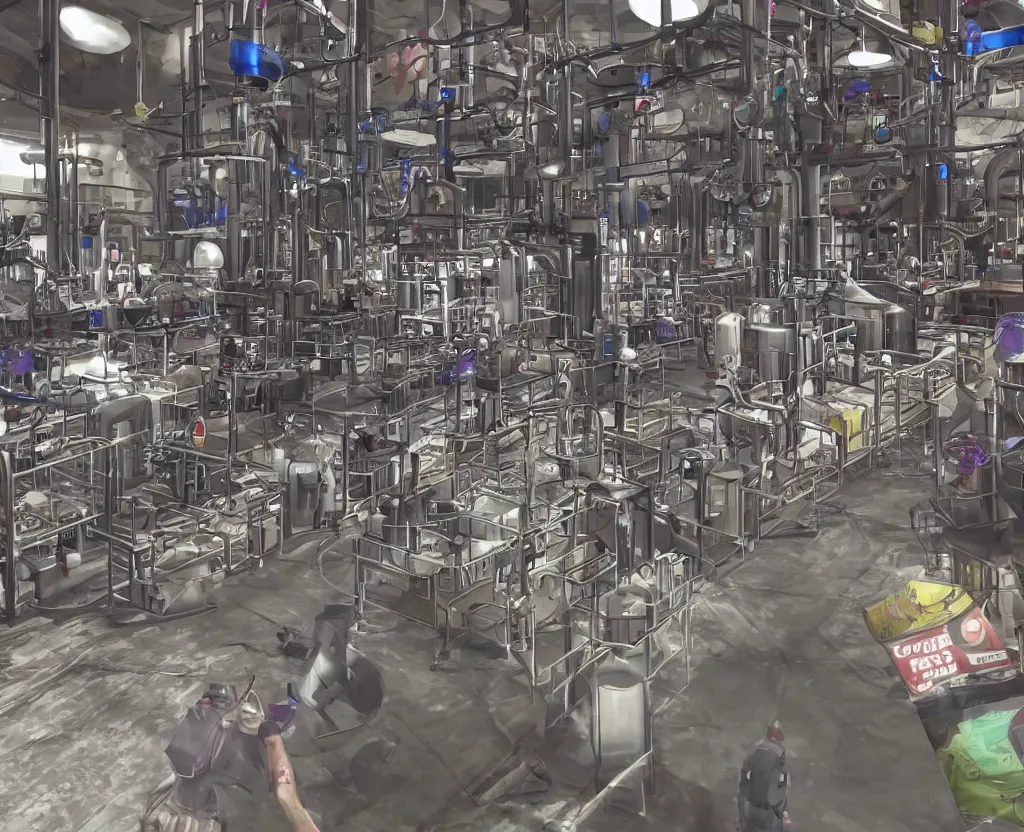 Prompt: first person shooter point of view of a soda factory