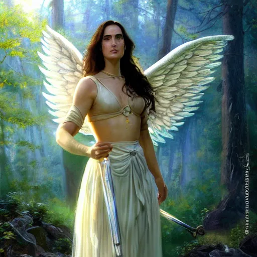 Image similar to A beautiful detailed painting of jennifer connelly as a female angel warrior, floating in a magical forest, ray traced sun light, by john sargent and Kalin Popov , Trending on artstation HD.