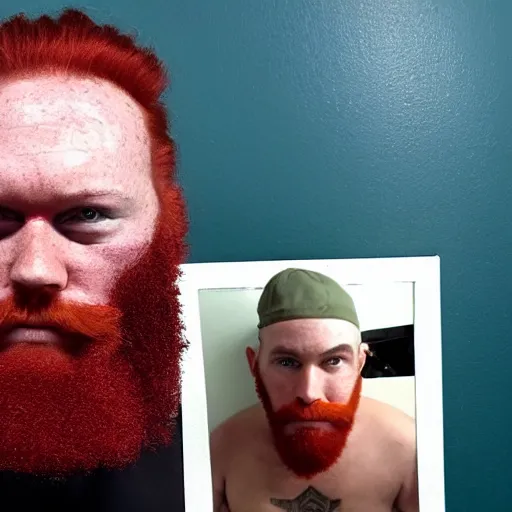 Image similar to an ex con gangster florida man baby with a big red beard and facial tattoos