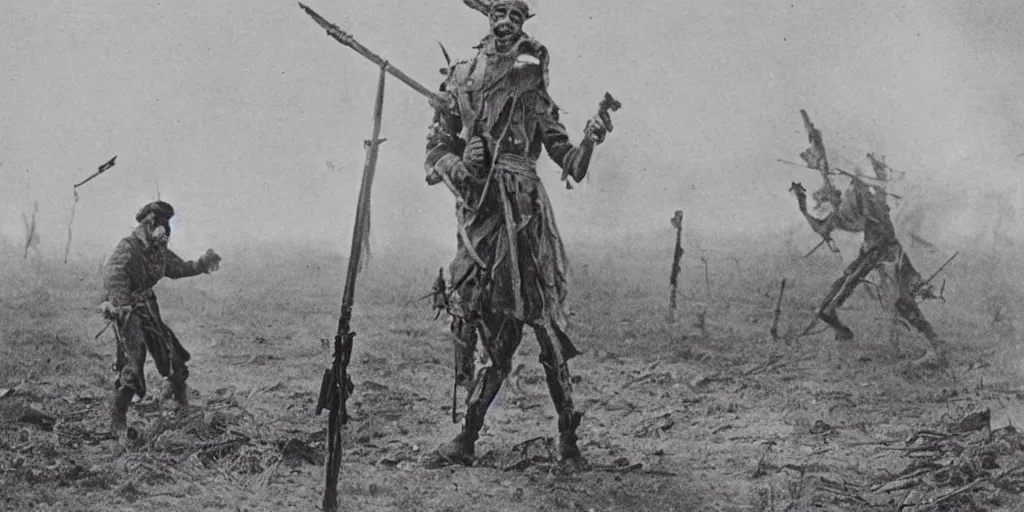 Image similar to scary unproportionable tall ghost creature in the middle of a battlefield, 1900s picture