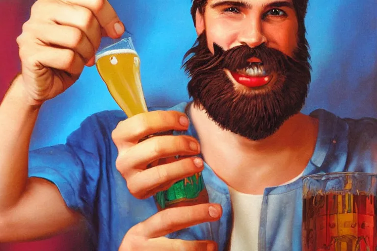 Image similar to a young man holding a beer giving a thumbs up with a long beard, airbrush painted, 80s poster, detailed, uncropped