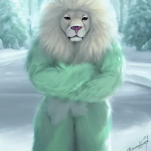 Image similar to aesthetic portrait commission of a albino male furry anthro lion wearing a cute mint colored cozy soft pastel winter outfit, winter atmosphere. character design by chunie, kristakeshi, sigmax, ross tran