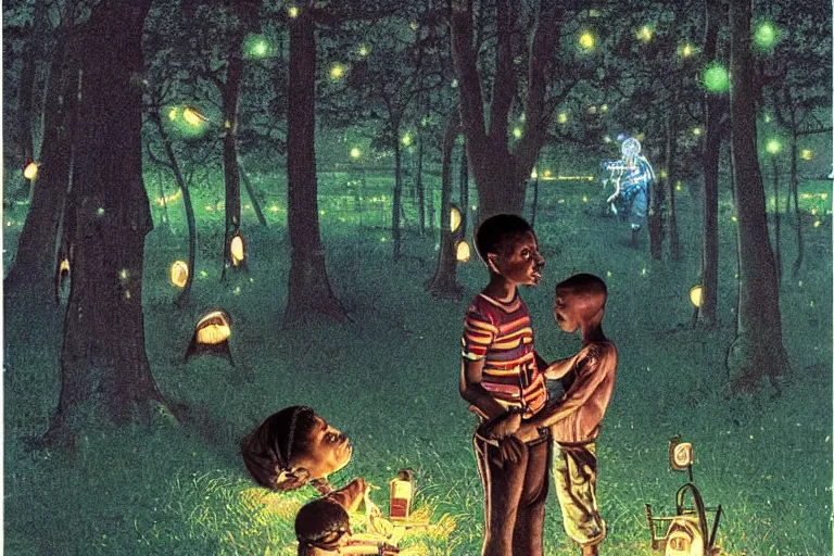 Prompt: a scenic view of a black boy talking to a phatom in the middle of a magical forest with glow-worm lights near a lake, detailed, cinematic, dramatic scene, retro illustration by Norman Rockwell.