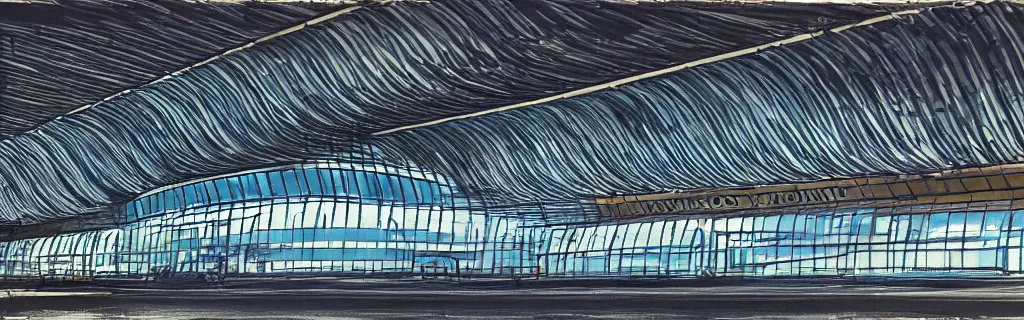 Prompt: birmingham new street train station exterior, gouache, animated film, stylised, illustration, by eyvind earle, scott wills, genndy tartakovski, syd mead