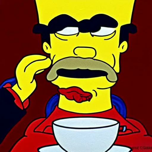 Prompt: cup of coffee with eyes nose and mouth smoking cigar simpsons style