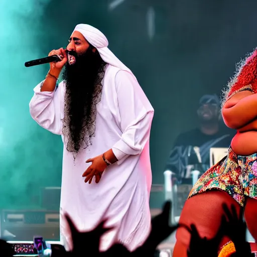 Image similar to osama bin laden and lizzo performing live on stage at coachella