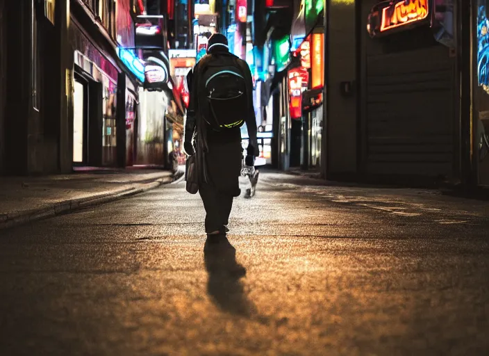 Image similar to photography of a Cat carrying a backpack . in a cyberpunk street. award winning photo, led lighting, night, 24mm, sharp, high res