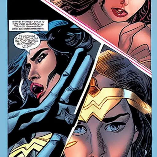 Prompt: Gal Gadot as wonder woman in a vertigo comic, one panel