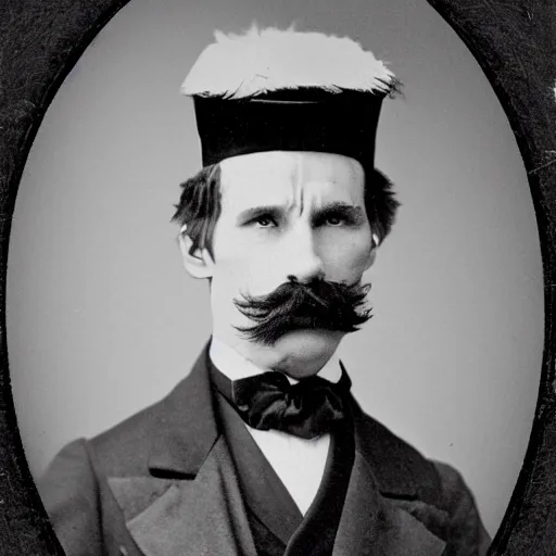 Image similar to A photograph portrait of Jerma in the mid-late 1800s with a top hat and mustache with mutton chops, taken in the mid-late 1800s, taken on a Field View Camera, realistic, hyperrealistic, very realistic, highly detailed, very detailed, extremely detailed, detailed, digital art, trending on artstation