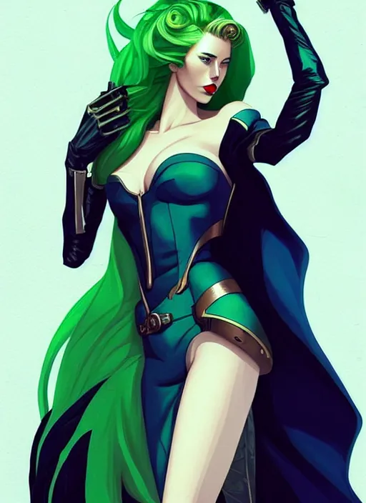 Image similar to style artgerm, joshua middleton, amber heard with green dress, very long blue hair, symmetrical face, symmetrical eyes, steampunk western gunslinger with cyborg arm, cinematic lighting