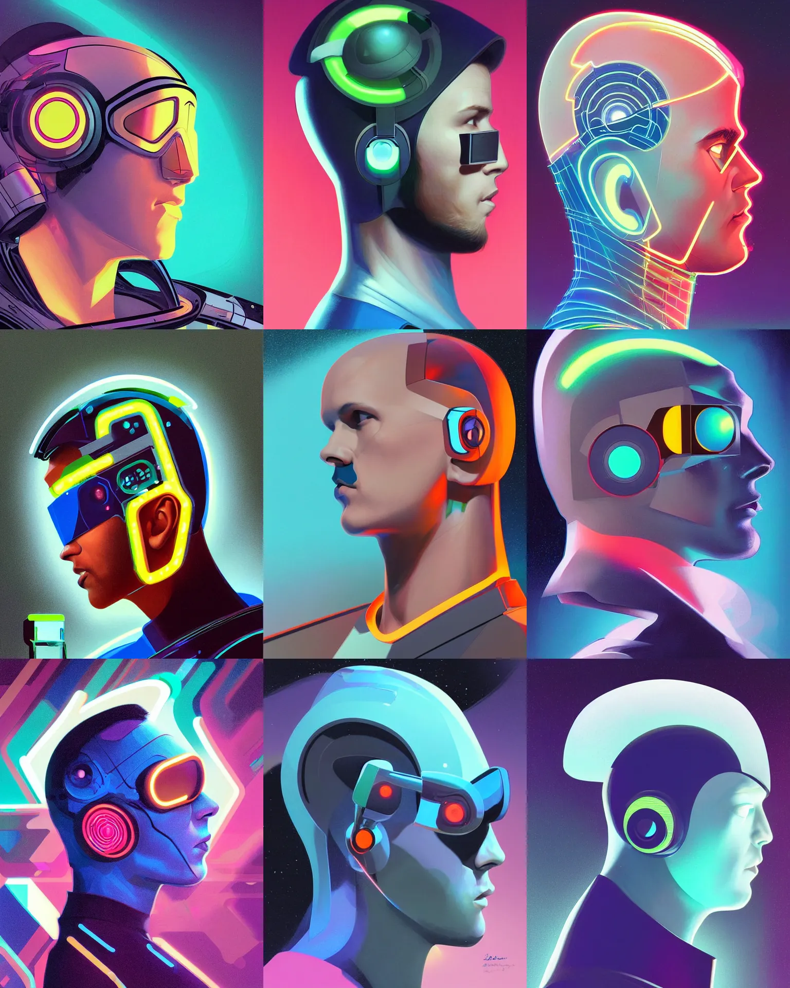 Prompt: geometric profile side view future coder man, sleek cyclops display over eyes and sleek bright headphoneset, neon accent lights, holographic colors, desaturated headshot portrait digital painting by dean cornwall, rhads, john berkey, tom whalen, alex grey, alphonse mucha, donoto giancola, astronaut cyberpunk electric widow's peak